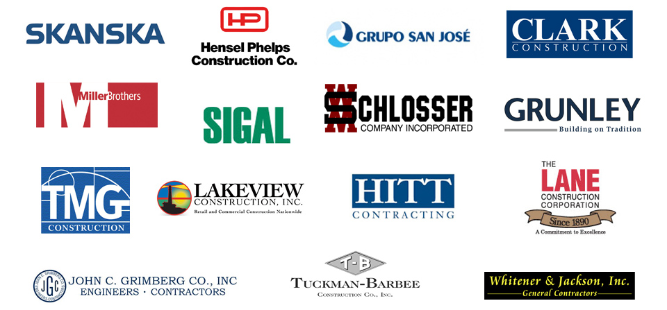 Skanska, Hensel Phelps, San Jose Construction, Clark Construction, Miller Brothers, Sigal, WM Schlosser, Grunley, TMG World, Lakeview Construction, HITT, Lane Construction, John C. Grimberg, Tuckman Barbee, Whitener & Jackson
